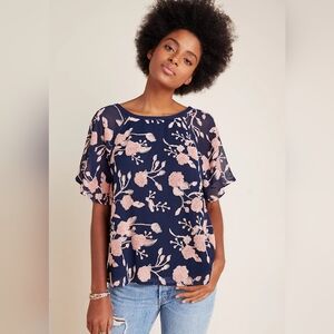 Anthropologie Navy Blush Floral Short-Sleeve Blouse